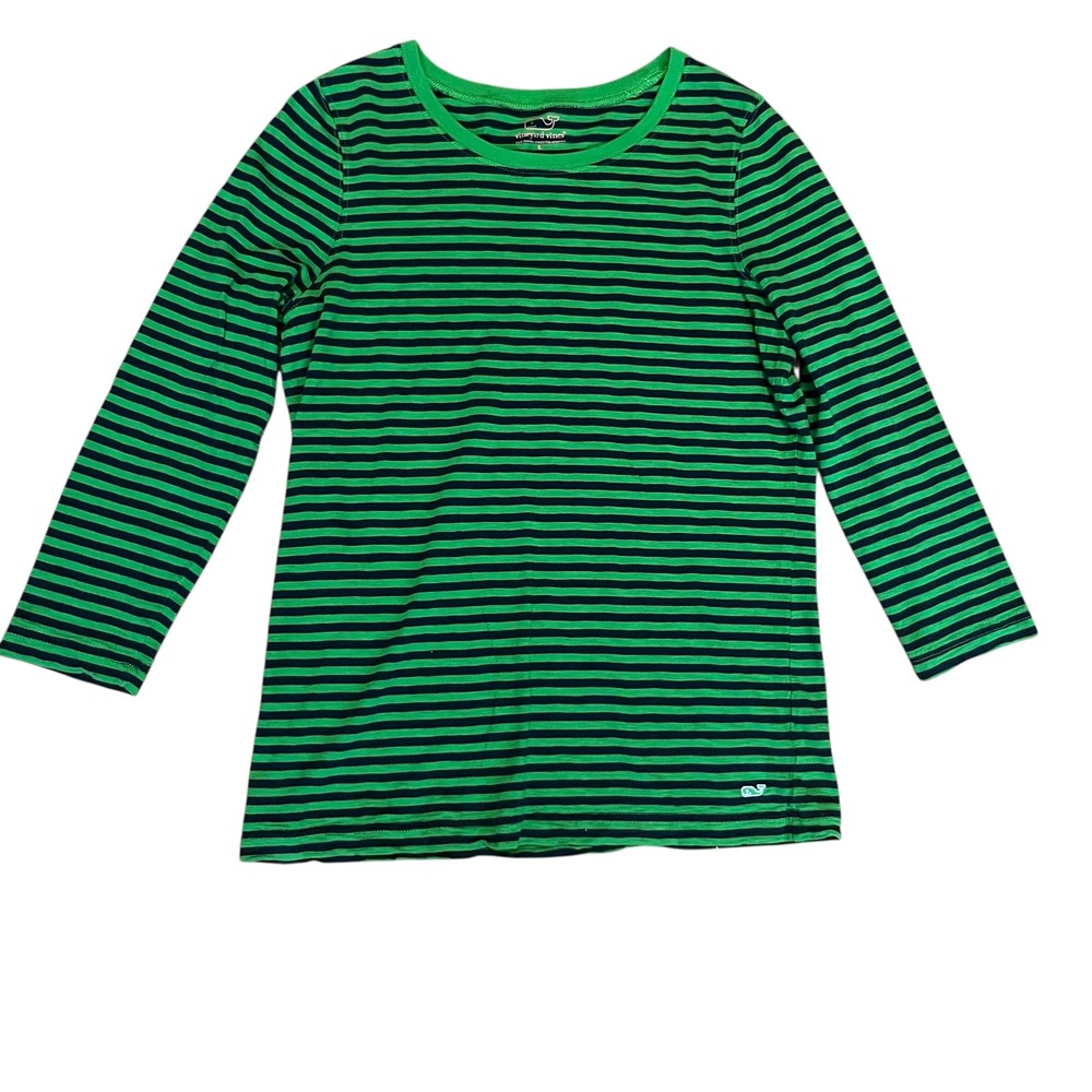 Vineyard Vines Womens Green Navy Striped Long Sleeve T-Shirt Crew Neck Size L
